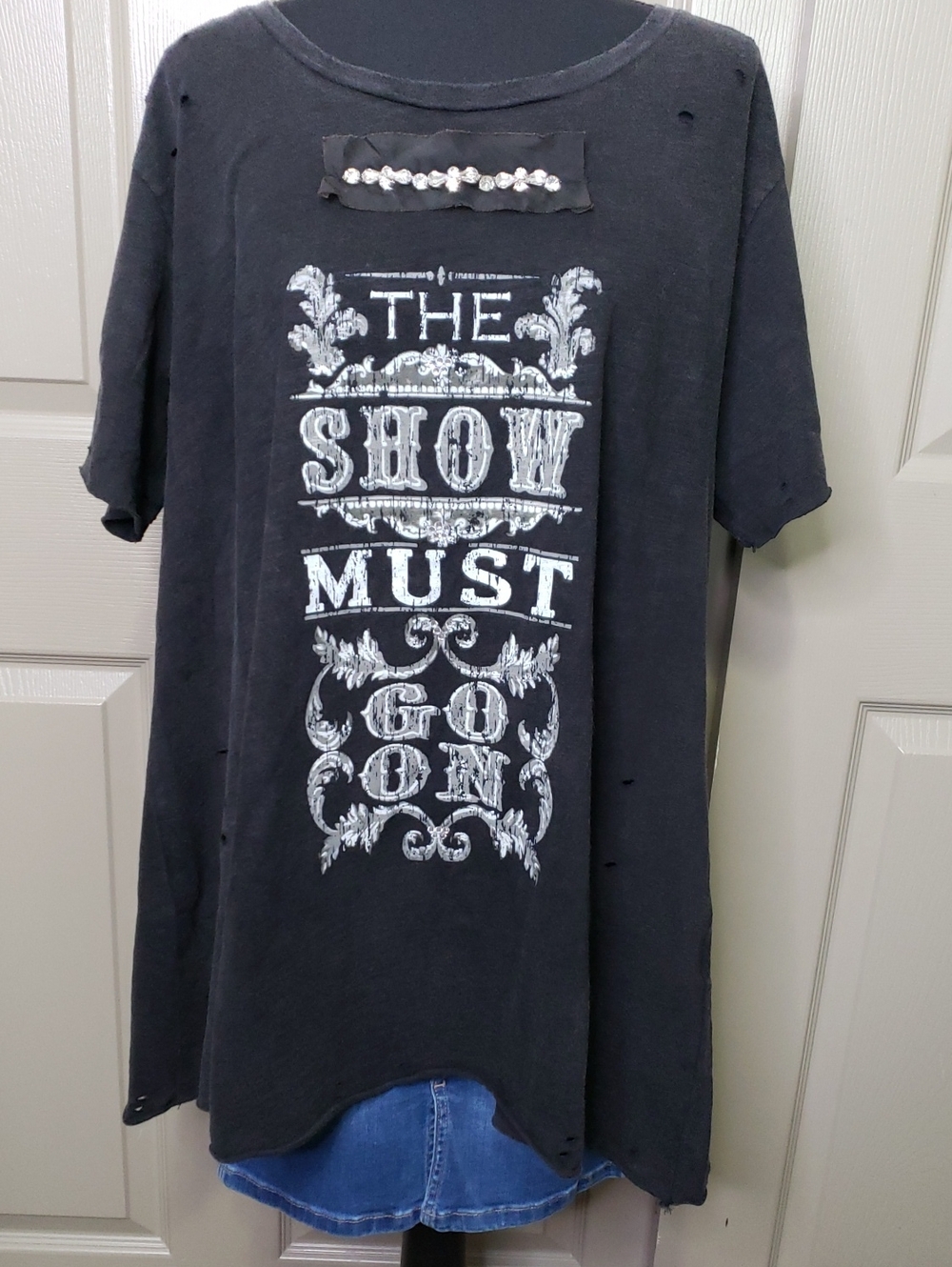 NWT A Rare Bird Embellished Distressed Black Graphic Tee "The Show Must Go On"
